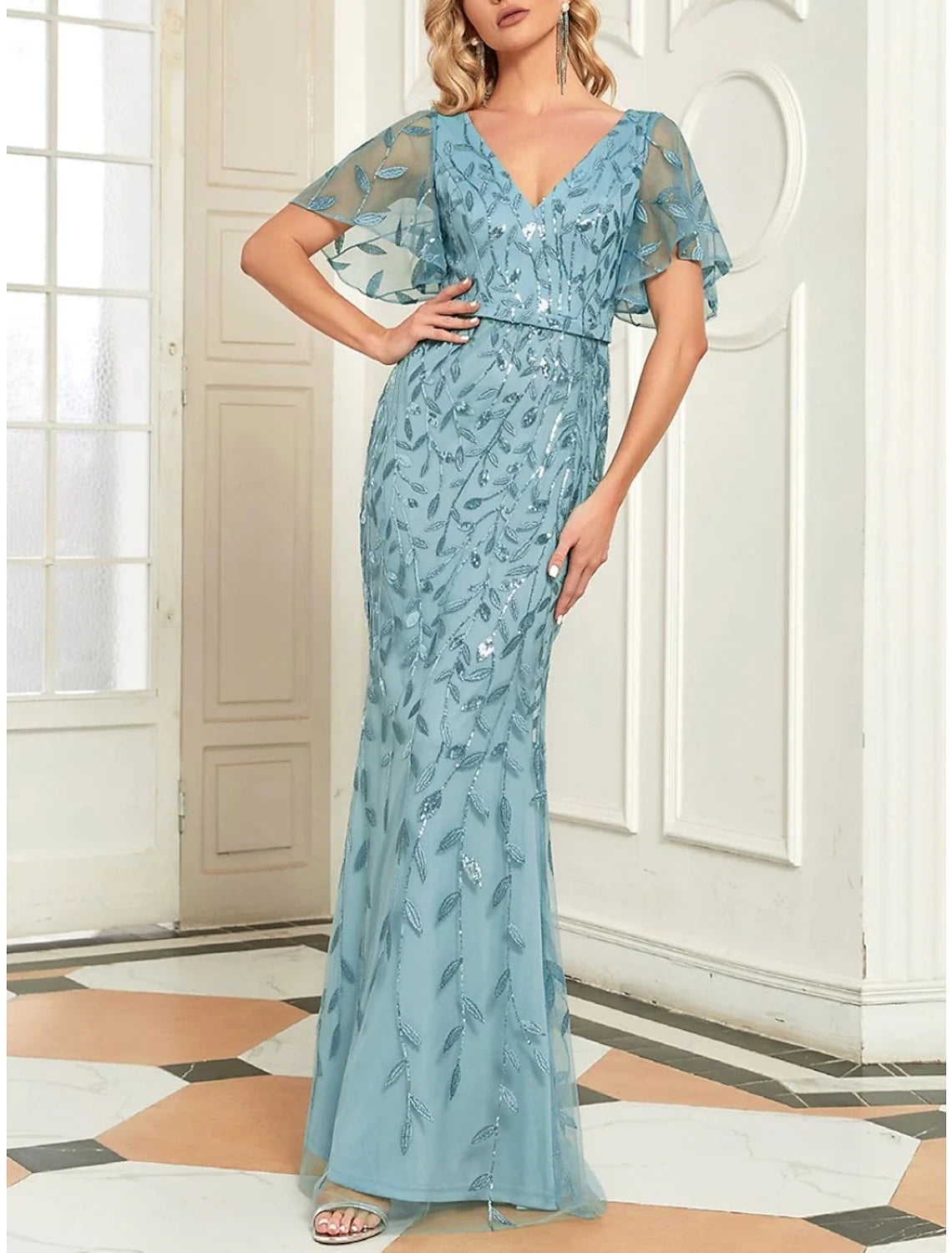 Vestido de sirena/trompeta para madre de la novia, para invitada de boda, brillo y resplandor, elegante, escote en V, largo hasta el suelo, con lentejuelas, manga corta con pliegues y lentejuelas